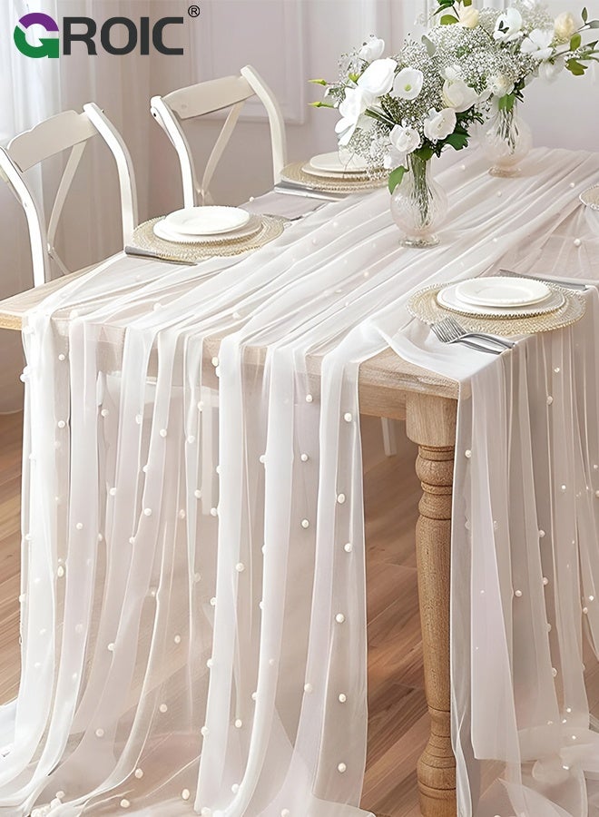 GROIC مفرش طاولة لؤلؤي، 75*300 سم، مفرش طاولة أبيض من التول الشفاف، زينة طاولة للحلويات مع قوس، زينة طاولة رومانسية لحفلات الزفاف، حفلات استقبال الأطفال، أعياد الميلاد، المنزل - Image 1